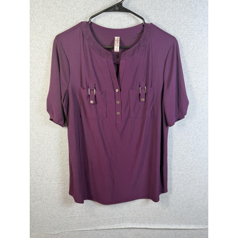 PerSeption Concept Blouse Womens Large Purple Henley Roll Tab Sleeve Tunic Top